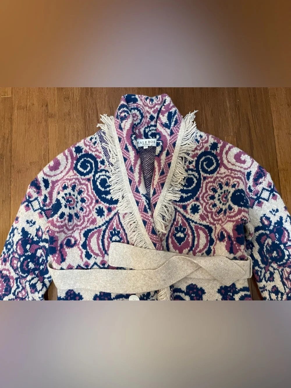 Hale Bob Sweater Jacket S Fringed HaisleyPink Blue Spectacular Cardigan